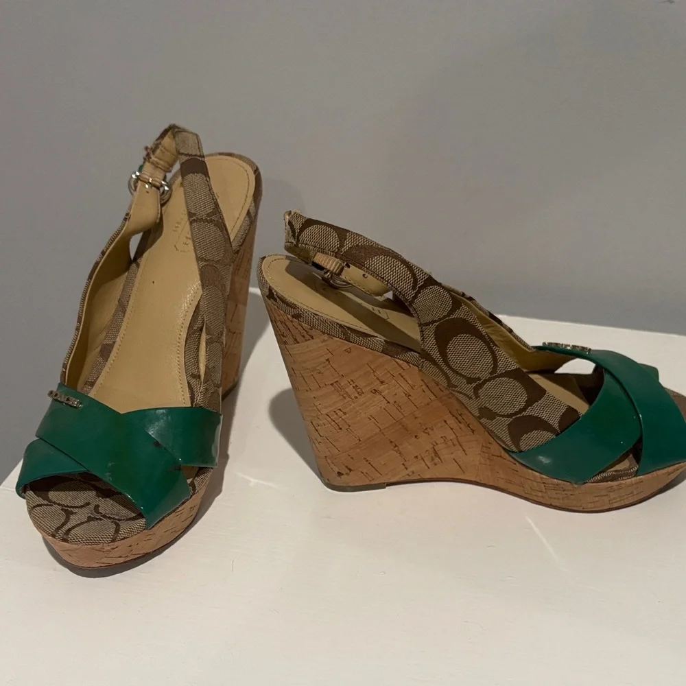 Coach Green and Brown Wedge Sandals - Picture 2 of 4